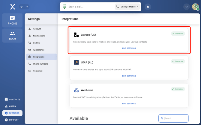Integration - Lawcus already connected